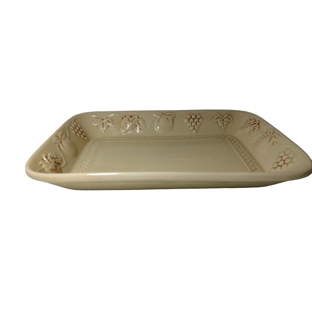 Vintage Platter Ceramic Embossed Grapes Leaves Strawberries 13 x 9 in Beige Fall